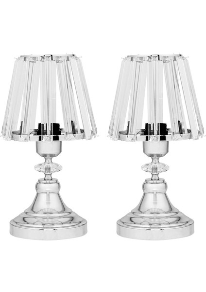 Taşlı Abajur 2'li Kristal Gövdeli Gümüş Salon Yatak Odası Abajur