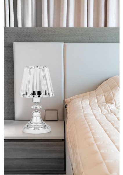 Taşlı Abajur 2'li Kristal Gövdeli Gümüş Salon Yatak Odası Abajur indirimleri