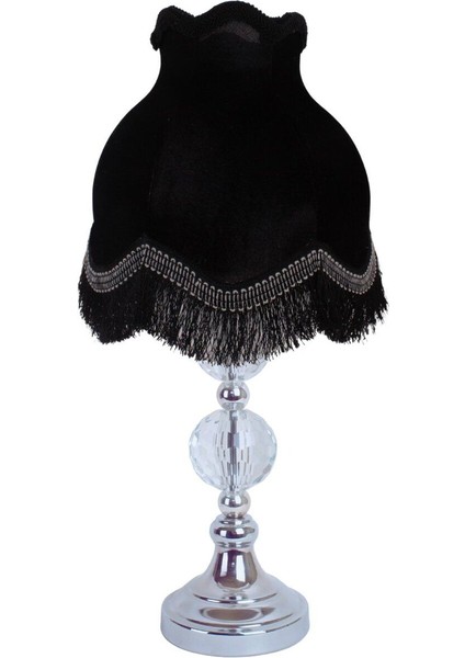 Siyah Abajur Kadife Kaplı Kristal Cam Klasik Krom Metal Ayak Vintage Saçak AB0740