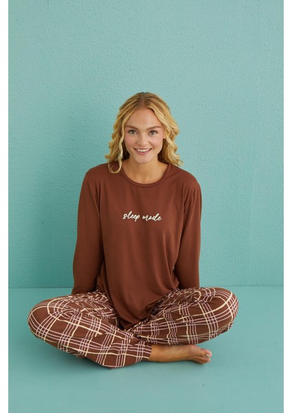 50902-53 Kadın Sleep Mode Ekose Uzun Kollu Pijama Takım