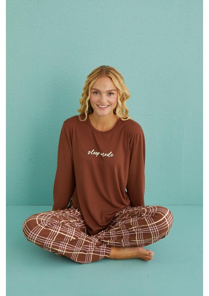 50902-53 Kadın Sleep Mode Ekose Uzun Kollu Pijama Takım