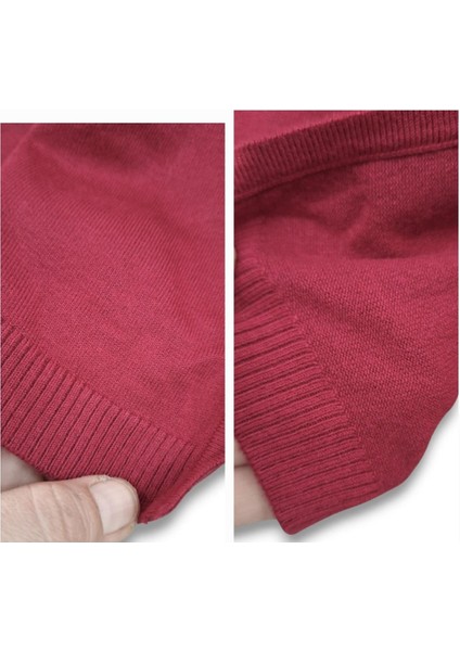 S M Triko Express Design Studio Kaliteli Bordo Düğme Detaylı Bel Hizası Kısa Pelerin / Hırka