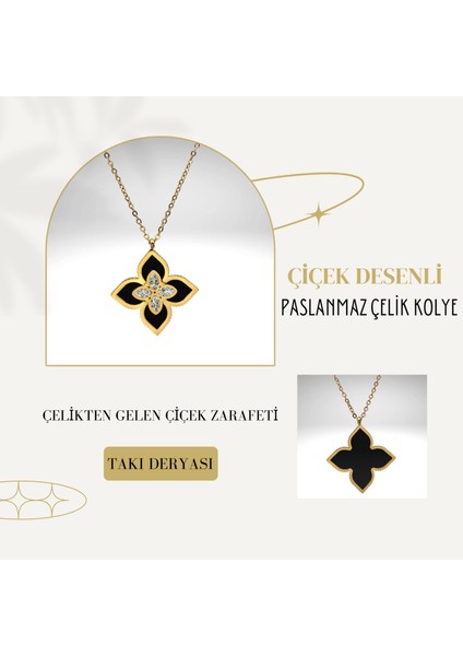 Hediye Için Çiçek Modelli Taşlı Gold-Siyah Renkli Paslanmaz Çelik Kolye 45 cm Zincir