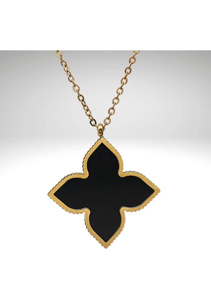 Hediye Için Çiçek Modelli Taşlı Gold-Siyah Renkli Paslanmaz Çelik Kolye 45 cm Zincir modelleri