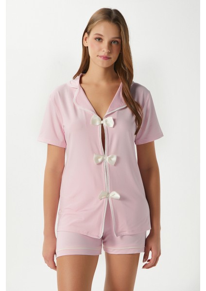 Kadın Violet Pembe Şortlu Fiyonklu Alt Üst Pijama Takımı