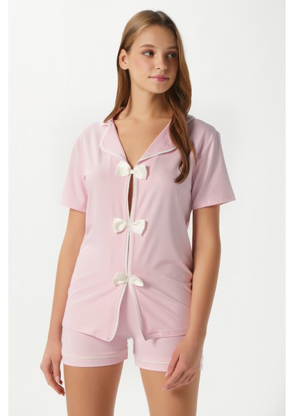 Kadın Violet Pembe Şortlu Fiyonklu Alt Üst Pijama Takımı