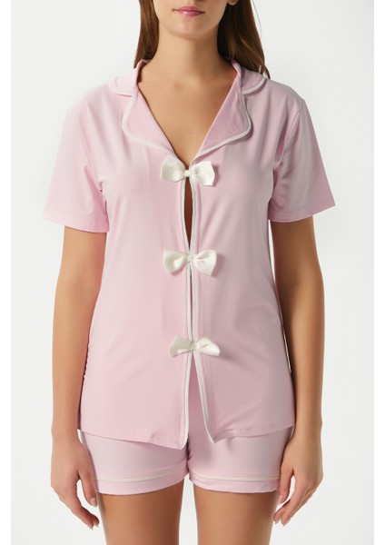 Kadın Violet Pembe Şortlu Fiyonklu Alt Üst Pijama Takımı