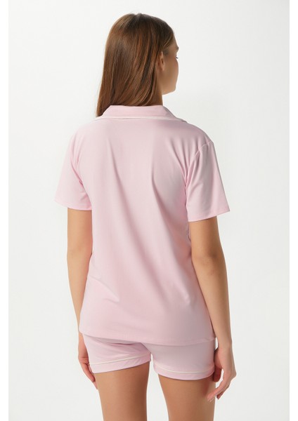 Kadın Violet Pembe Şortlu Fiyonklu Alt Üst Pijama Takımı