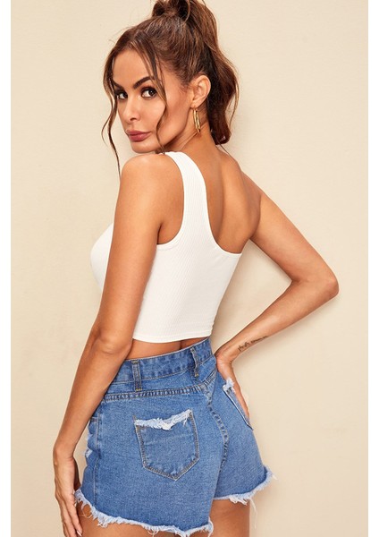 Kadın Beyaz Tek Omuz Crop Büstiyer