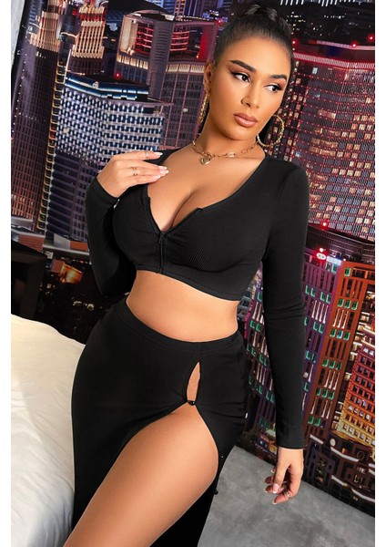 Kadın Siyah Uzun Kol Göğüs ve Göbek Dekolteli Fermuarlı Crop Top Bluz