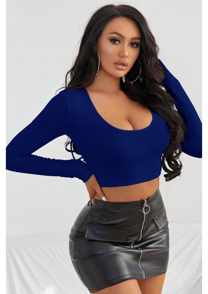 Kadın Mavi Uzun Kol Kare Yaka Crop Top Bluz