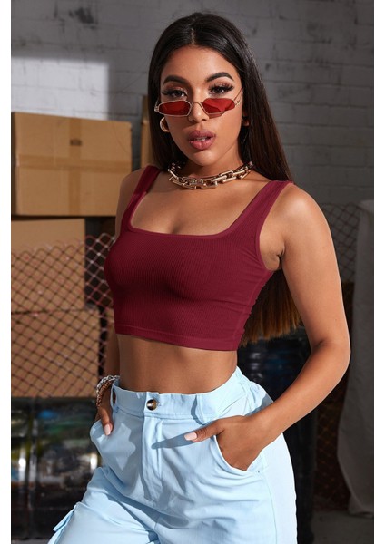 Kadın Bordo Kalın Askılı Crop Top Büstiyer