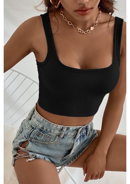 Kadın Siyah Kalın Askılı Crop Top Büstiyer
