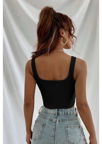 Kadın Siyah Kalın Askılı Crop Top Büstiyer