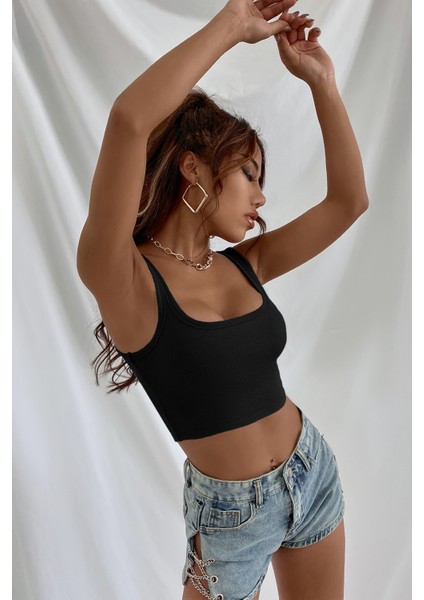 Kadın Siyah Kalın Askılı Crop Top Büstiyer