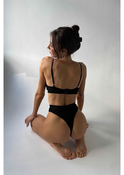 Kadın Siyah Yüksek Bel Dolgusuz Slip Takım