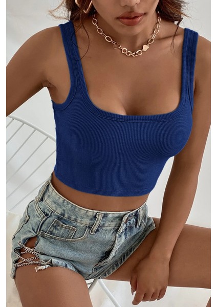 Kadın Lacivert Kalın Askılı Crop Top Büstiyer