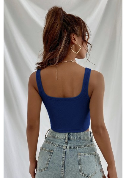 Kadın Lacivert Kalın Askılı Crop Top Büstiyer