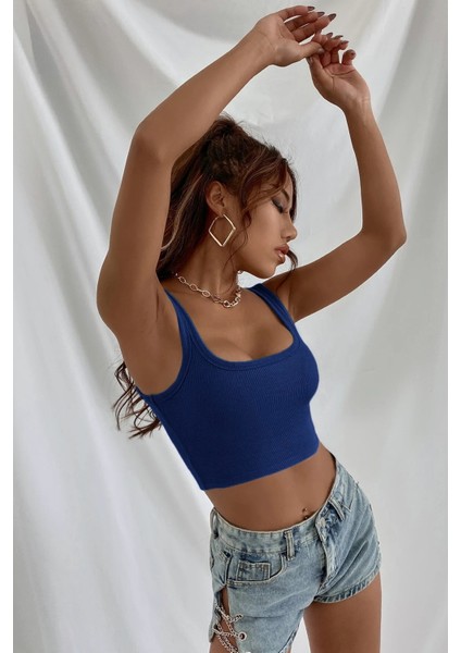 Kadın Lacivert Kalın Askılı Crop Top Büstiyer