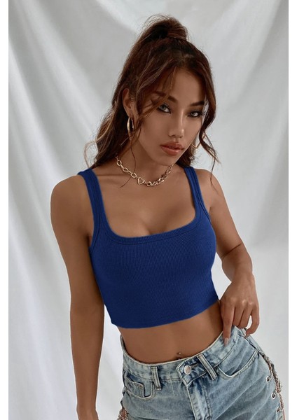 Kadın Lacivert Kalın Askılı Crop Top Büstiyer