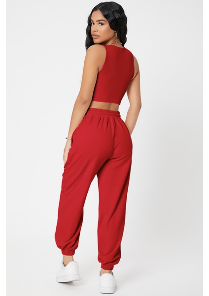 Kadın Kırmızı Kaşkorse Cepli Jogger Eşofman Altı ve Crop Top Bluz