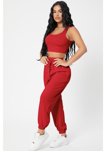 Kadın Kırmızı Kaşkorse Cepli Jogger Eşofman Altı ve Crop Top Bluz