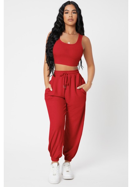 Kadın Kırmızı Kaşkorse Cepli Jogger Eşofman Altı ve Crop Top Bluz