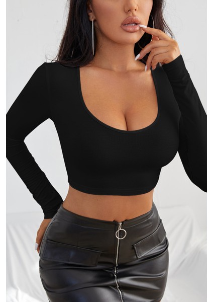 Kadın Siyah Uzun Kol Kare Yaka Crop Top Bluz