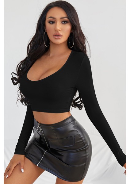Kadın Siyah Uzun Kol Kare Yaka Crop Top Bluz
