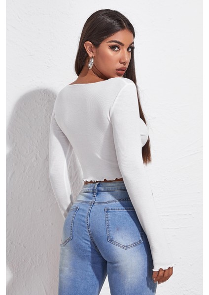 Kadın Beyaz Uzun Kollu Büzdürme Bağcık Detaylı Crop Top Bluz