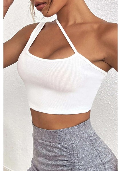 Kadın Beyaz Tek Omuzlu Çapraz Askılı Crop Top Büstiyer