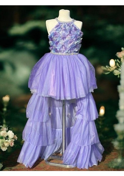 Kız Çocuk Tül Çiçekli Önü Kısa Arkası Uzun Abiye Elbise