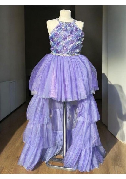 Kız Çocuk Tül Çiçekli Önü Kısa Arkası Uzun Abiye Elbise modelleri