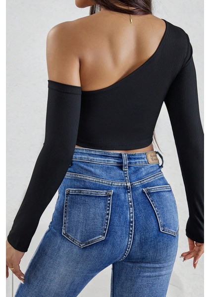 Kadın Siyah Tek Omuz Detaylı Uzun Kol Crop Top Bluz