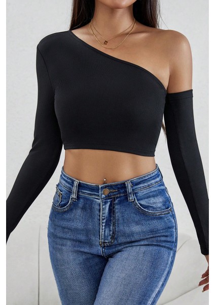 Kadın Siyah Tek Omuz Detaylı Uzun Kol Crop Top Bluz