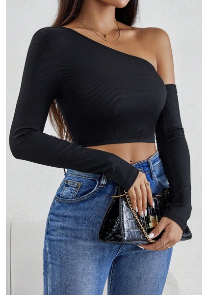 Kadın Siyah Tek Omuz Detaylı Uzun Kol Crop Top Bluz