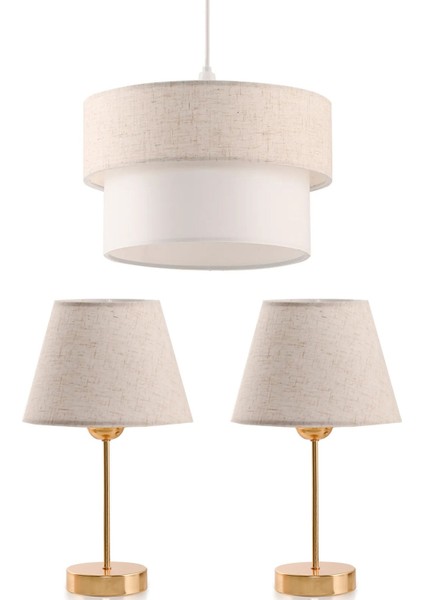 Üçlü Abajur ve Avize Seti Keten Kumaş Yatak Odası Gold Metal Abajur