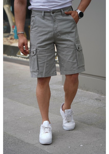 Erkek Rahat Kesim Regular Kargo Cepli Gri Kargo Şort Yeni Sezon