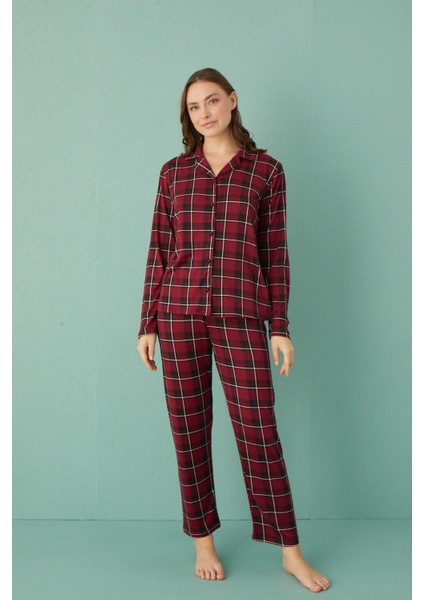 50701-42 Kadın Milan Kumaş Önden Düğmeli Uzun Kol Pijama Takım