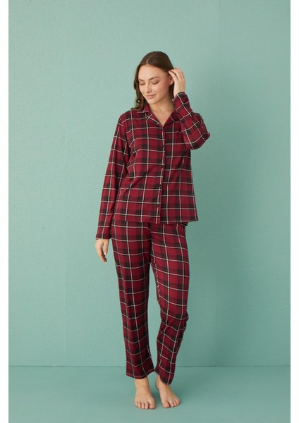 50701-42 Kadın Milan Kumaş Önden Düğmeli Uzun Kol Pijama Takım