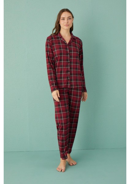50701-42 Kadın Milan Kumaş Önden Düğmeli Uzun Kol Pijama Takım