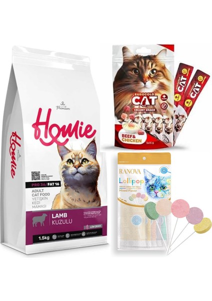 Avantajlı Paket 1.5kg Kedi Maması, 5 Li Kedi Sıvı Ödülü, 5 Li Lolipop
