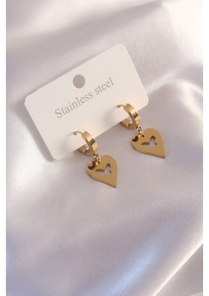 Çelik Gold Renk Kalp Model Kelebek Detay Kadın Küpe
