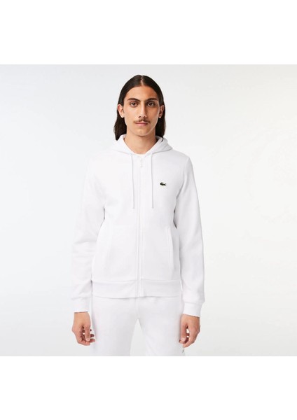 Erkek Classic Fit Fermuarlı Beyaz Sweatshirt