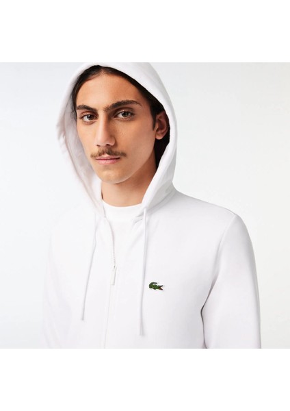 Erkek Classic Fit Fermuarlı Beyaz Sweatshirt