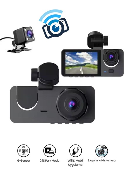 Araç Içi Wi-Fi Kamera Hd 3 Kameralı 7/24 Kayıt G-Sensör Mobil Uygulama Ile Canlı Takip Black Box