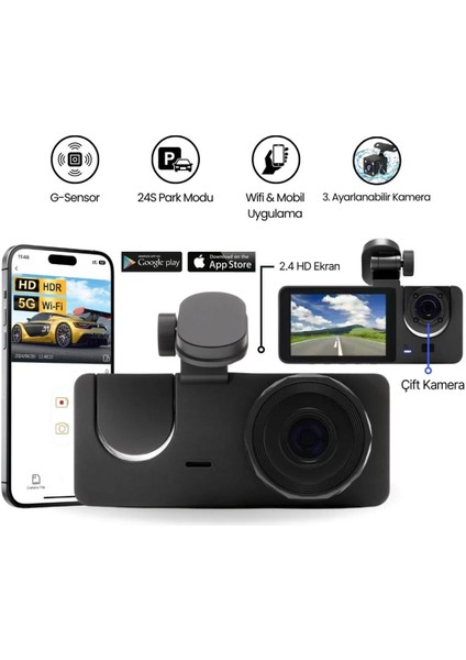 Araç Içi Wi-Fi Kamera Hd 3 Kameralı 7/24 Kayıt G-Sensör Mobil Uygulama Ile Canlı Takip Black Box