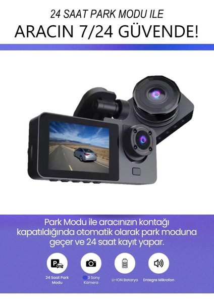 Araç Içi Wi-Fi Kamera Hd 3 Kameralı 7/24 Kayıt G-Sensör Mobil Uygulama Ile Canlı Takip Black Box