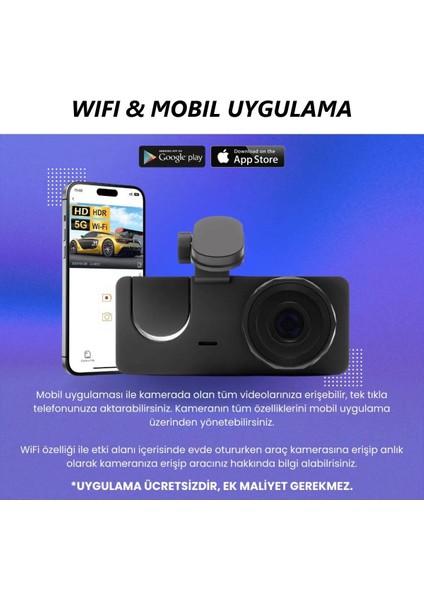 Araç Içi Wi-Fi Kamera Hd 3 Kameralı 7/24 Kayıt G-Sensör Mobil Uygulama Ile Canlı Takip Black Box