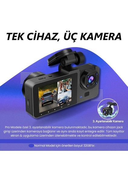 Araç Içi Wi-Fi Kamera Hd 3 Kameralı 7/24 Kayıt G-Sensör Mobil Uygulama Ile Canlı Takip Black Box